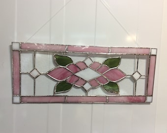 stained glass, transom window, hanging panel, pink, rose, flower