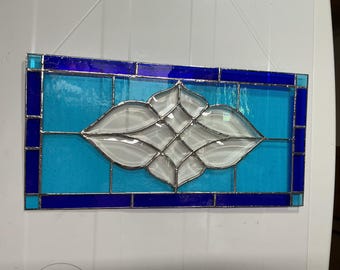 Stained glass, transom window, hanging panel, turquoise, cobalt blue, antique looking, Bevel design, handmade