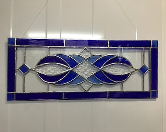 Stained glass, transom window, hanging panel, cobalt blue, modern, handmade