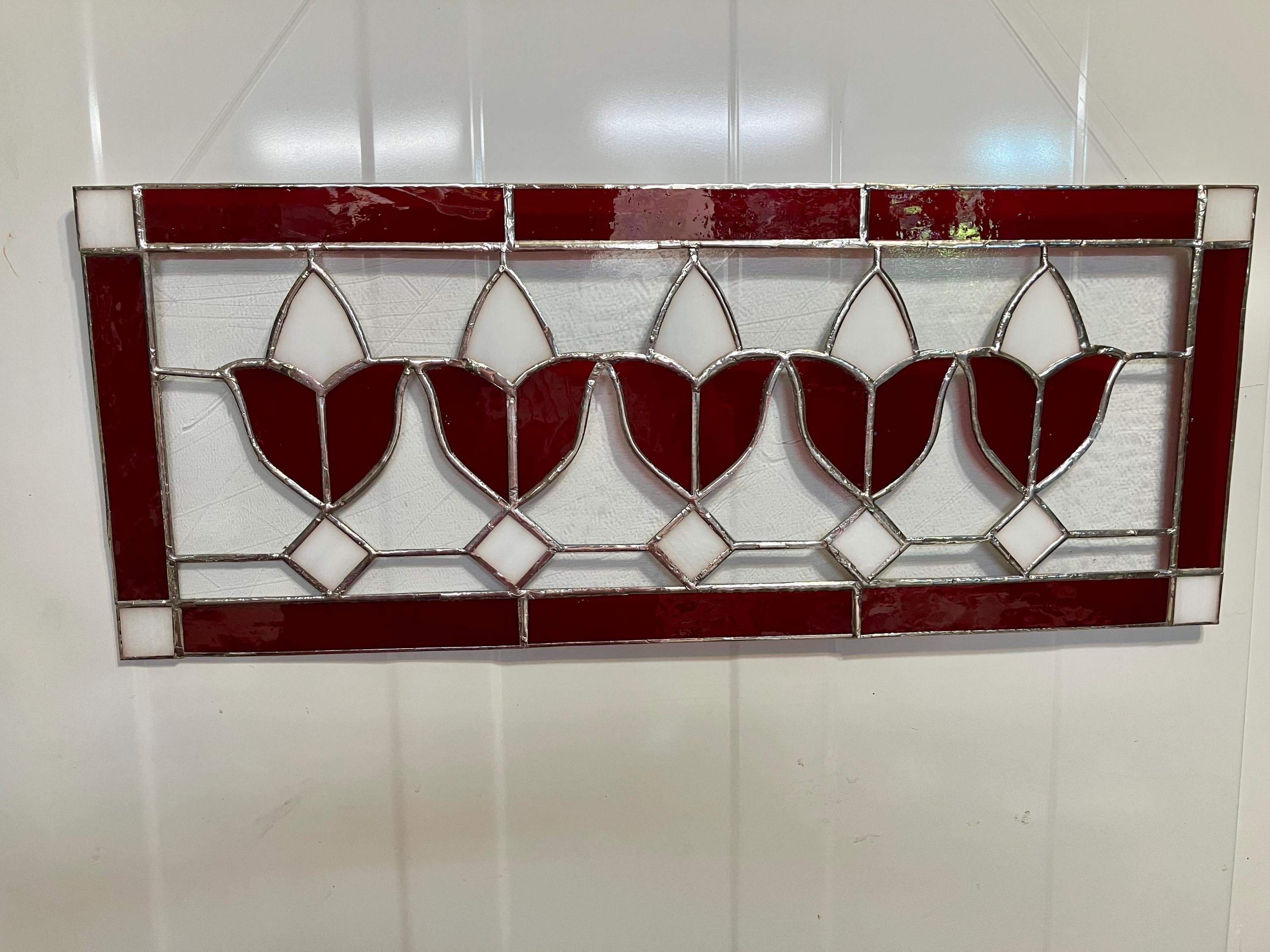 Stained glass, transom window, hanging panel, red, tulips