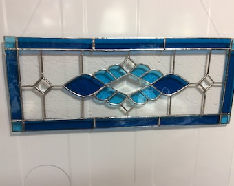 Stained glass, transom window, hanging panel, turquoise blue, antique looking, Victorian, handmade