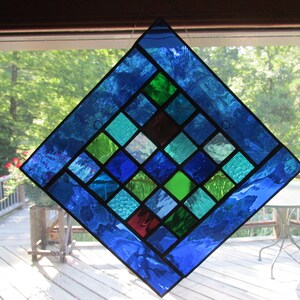 Stained glass, glass panel, suncatcher, blue, cobalt, green, turquoise, handmade, art glass image 1