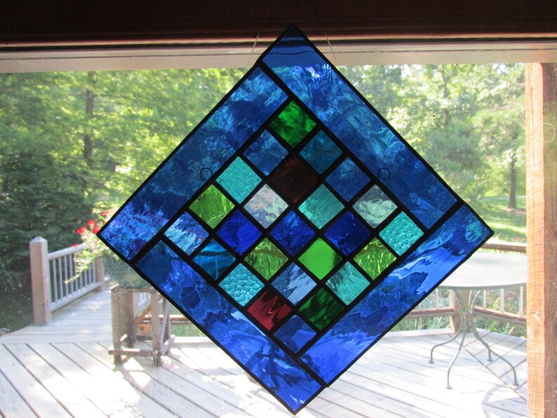 Stained glass, glass panel, suncatcher, blue, cobalt, green, turquoise, handmade, art glass image 1
