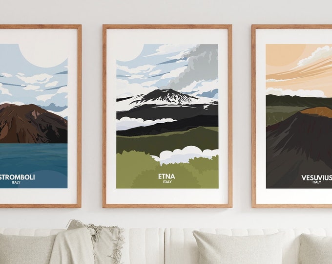 Italy Volcanoes Travel Poster Print Set - Etna - Vesuvius - Stromboli - Italian Volcanoes - Travel Poster - Print Sets - Mountains - Gift