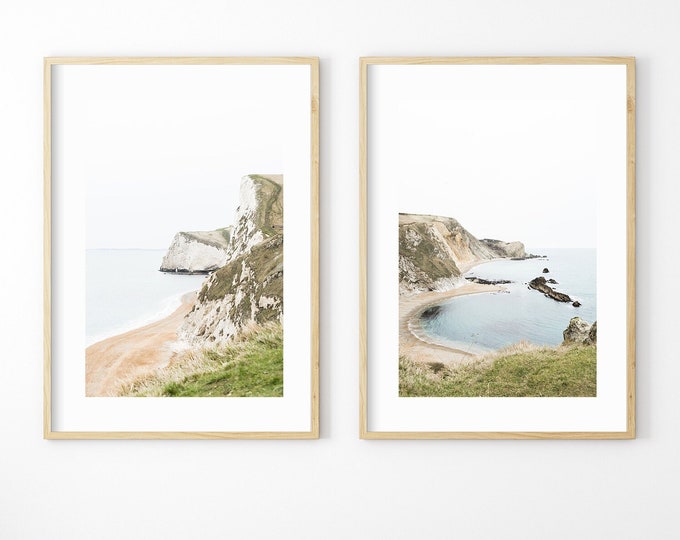 Jurassic Coast Print Set - Print Set of Two - Coastal Print Set - White Wall Art - Bathroom - Living Room - Coastal Theme Room - Beach Decor