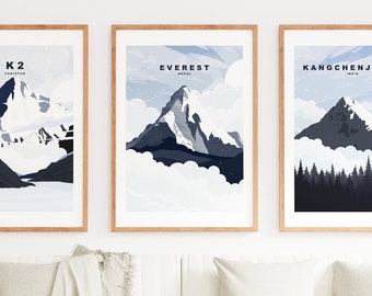Himalayas Travel Poster Print Set - Everest - K2 - Kangchenjunga - Travel Poster Set - Minimalist - Abstract - Nepal - India - Pakistan