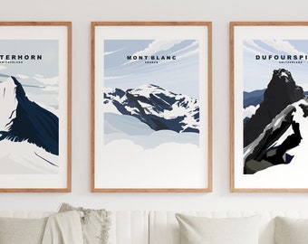 Alps Travel Poster Print Set - Mont Blanc - Matterhorn - Monte Rosa - Travel Poster Set - Minimalist - Abstract - France - Switzerland - Ski