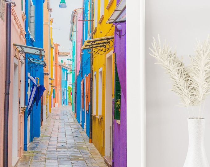 Burano Streets Print - Burano Photography Print - Colourful - Colourful Houses - Eclectic - Boho - Wall Art - Colourful Print - Pastel