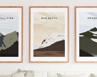 Three Peak Travel Poster Print Set - Snowdon - Ben Nevis - Scafell Pike - Lake District - Snowdonia - Scotland - Travel Poster - Print Sets