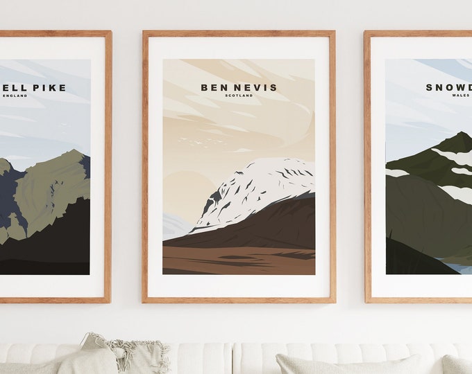 Three Peak Travel Poster Print Set - Snowdon - Ben Nevis - Scafell Pike - Lake District - Snowdonia - Scotland - Travel Poster - Print Sets