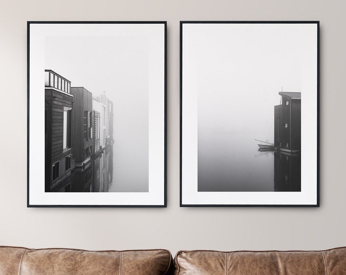 Minimalist Scandinavian Print Set of Two - Fine Art Photography - Lake - Fog - Mist - Minimalist - Black and White Photography Print
