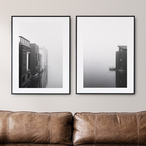 Minimalist Scandinavian Print Set of Two - Fine Art Photography - Lake - Fog - Mist - Minimalist - Black and White Photography Print