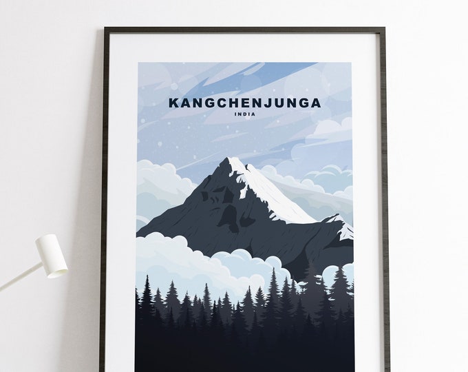 Kangchenjunga Travel Poster - Kangchenjunga Print - Abstract Travel Poster - India - Himalayas - Eight Thousander Mountains - 8000s Poster