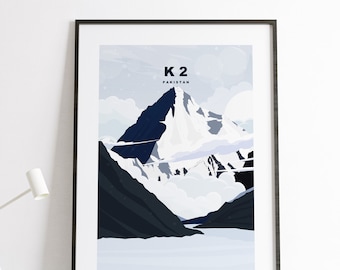 K2 Travel Poster - Karakoram Mountains Print - Abstract Travel Poster - Pakistan - Himalayas - Eight Thousander Mountains - 8000s - Wall Art