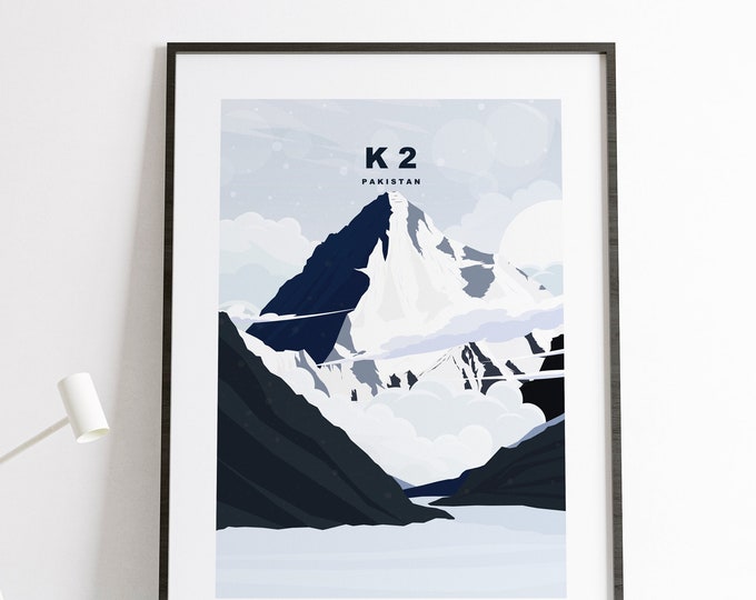 K2 Travel Poster - Karakoram Mountains Print - Abstract Travel Poster - Pakistan - Himalayas - Eight Thousander Mountains - 8000s - Wall Art