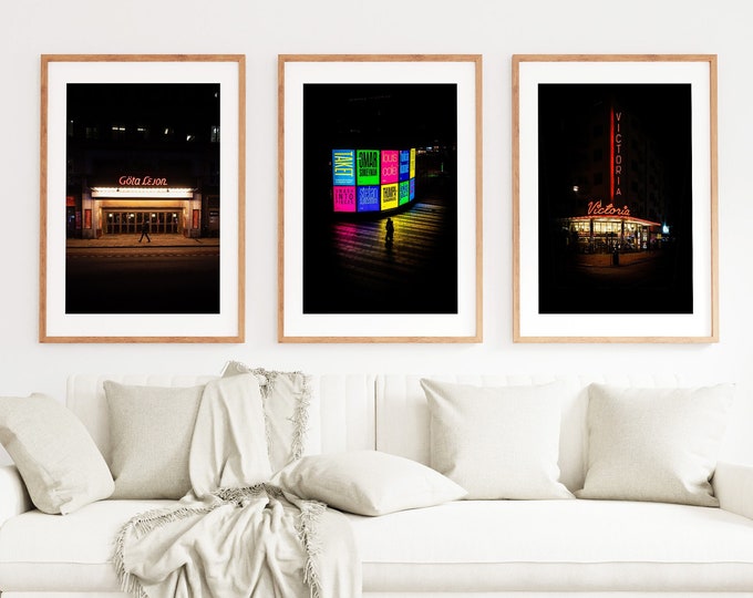 Neon Nights Print Set x3 - Fine Art Photography Print Set - Retro Cinema - Stockholm Kulturhuset - Cinema Print - Neon - Nightscape - City