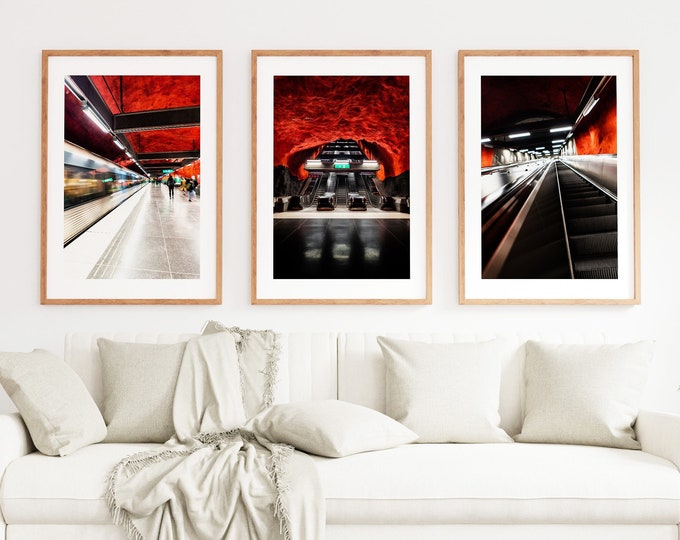 Modern Red Print Set x3 - Fine Art Photography Print Set - Industrial - Urban Decor - Stockholm Solna Centrum Metro Station - Utility