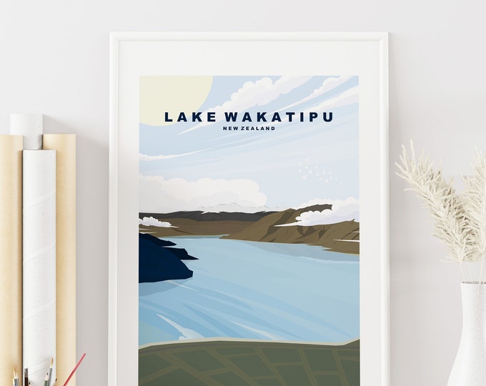 Lake Wakatipu Print - Travel Poster - New Zealand Travel Print - Lake Wakatipu Minimalist Travel Poster - New Zealand - Print - Gift