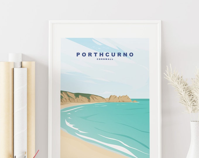 Porthcurno Travel Poster - UK - Abstract Travel Poster - Minimalist Travel Poster - Cornwall Poster - Cornwall Travel Print - Retro
