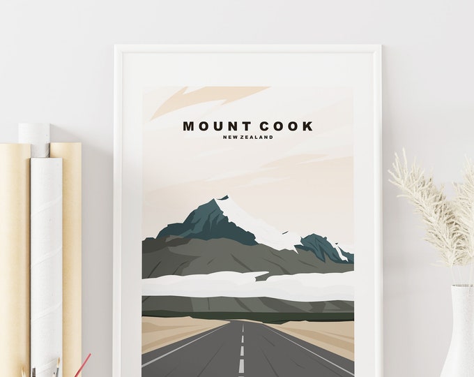 Mount Cook Travel Poster - New Zealand Travel Print - Mt Cook Minimalist Travel Poster - New Zealand - Travel Print - Gift - Minimal