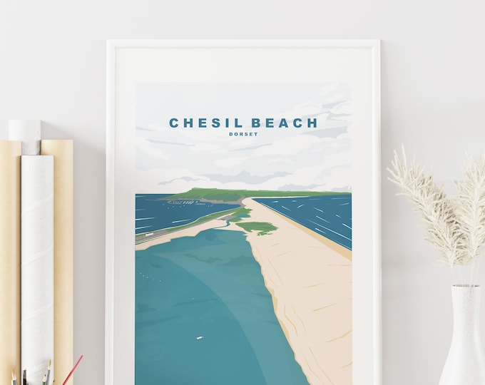Chesil Beach Print - Travel Poster -  Dorset Travel Poster - Chesil Beach Print - Dorset UK - Weymouth - UK National Park Print  - Wall Art
