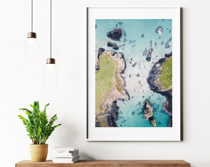 Coastal Landscape Print - Beach Print - Beach Poster - Cornwall Print - Cornwall Wall Art - Seascape - Pastel Blue Green - Coastal Theme