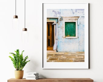 Rustic Architecture Print - Burano Houses - Venice Photography Print - Blue - Green - Wall Art - Home Decor - Photography - Fine Art