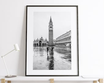 Venice Black and White Photography Print - Campanile - St Marks Square - People Photography Print - Street - Rain - Reflection - Monochrome