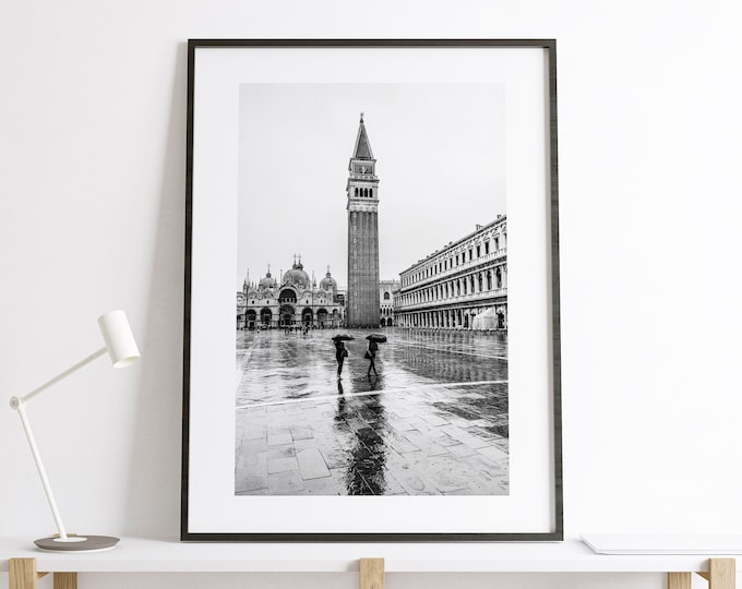 Venice Black and White Photography Print - Campanile - St Marks Square - People Photography Print - Street - Rain - Reflection - Monochrome