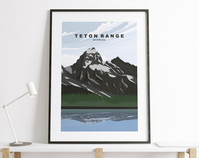 Teton Range Print - Travel Poster - Grand Teton Mountain Travel Poster - USA - Wyoming - US National Parks - USA National Park - Gift - Art