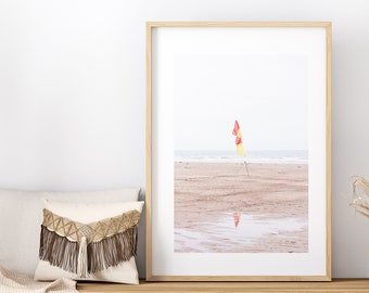 Beach Flag Print - Beach Photography Print - Beach Flag - Yellow - Red - Minimalist - Neutral Tones - Coastal Home Decor - Coastal Wall Art