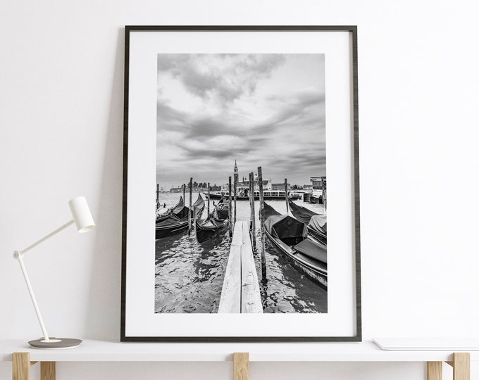 Maggiore Black and White Photography Print - Gondolas - Venice Photography Print - Chiesa San Maggiore - Grand Canal - Venice Monochrome