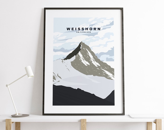 Weisshorn Print - Travel Poster - Weisshorn Mountain Travel Print - Minimalist Travel Poster - Alps - Print - Gift - Swiss Alps