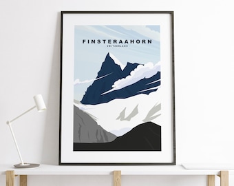 Finsteraahorn Print - Travel Poster - Finsteraahorn Mountain Travel Print - Finsteraahorn Minimalist Travel Poster - Alps - Print - Gift