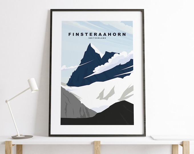 Finsteraahorn Print - Travel Poster - Finsteraahorn Mountain Travel Print - Finsteraahorn Minimalist Travel Poster - Alps - Print - Gift
