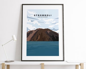 Stromboli Print - Travel Poster - Abstract Mountain Travel Poster - Mount Stromboli Travel Poster - Italy - Sicily - Aeolian Islands Print