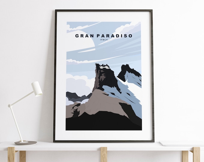 Gran Paradiso Print - Travel Poster - Gran Paradiso Mountain Travel Print - Minimalist Travel Poster - Alps - Print - Gift - Italian Alps