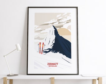 Zermatt Print - Travel Poster - Switzerland - Abstract  Minimalist Travel Poster - Matterhorn Mountain - Alps - Skiing - Skiing Print - Gift