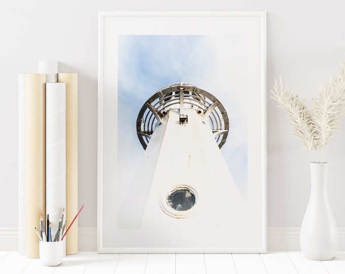 Megavissey Lighthouse - Cornwall Photography Print - White Lighthouse Print - Neutral - Blue - White - Coastal Home Decor - Wall Art - Print