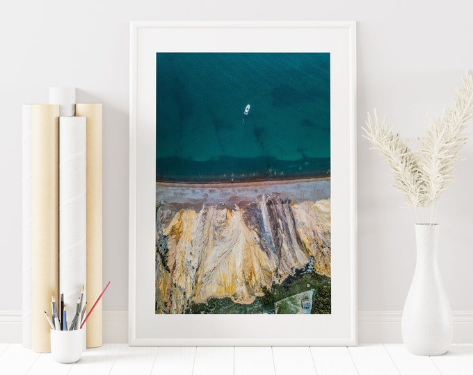 Coastal Photography Print - Isle of Wight - Yacht - Boat - Cliffs - Seaside - Coastal Decor - Coastal Wall Art - Rocky Cliffs - Seascape