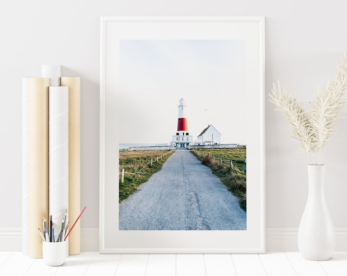 Red and White Lighthouse - Lighthouse Photography Print - Portland Bill - Coastal Photography Print - Coastal Decor - Bathroom - Coastal