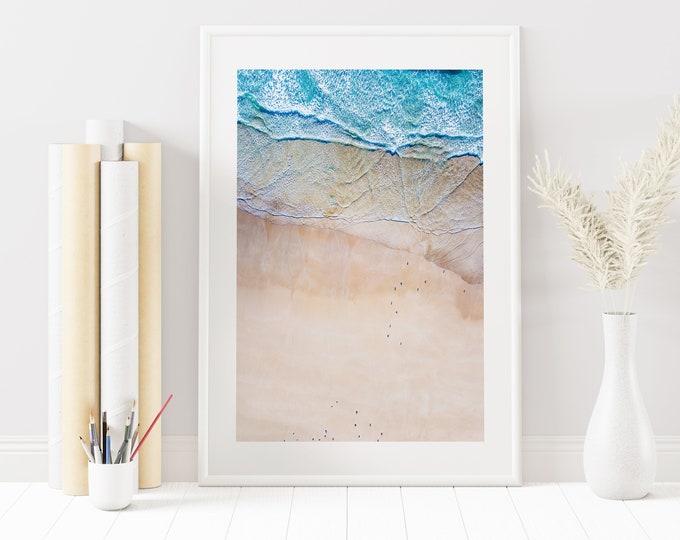 Cornwall Beach Aerial Photography - Bedruthan Steps - Beach - Beach Photography - Blue Wall Art - Photography - Seagulls on the Shore