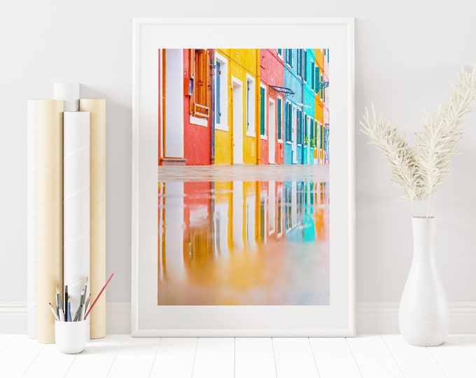 Burano Houses Print - Colourful Buildings - Venice Photography Print - Reflections - Venice Print - Venice Poster - Bright - Bold - Colour