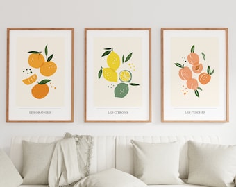 Marche aux Fruits Print Set of Three - French Food Poster - Kitchen Wall Art - Les Oranges - Les Citrons - Les Pesches - Orange - Peach