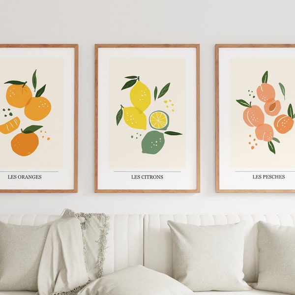 Marche aux Fruits Print Set of Three - French Food Poster - Kitchen Wall Art - Les Oranges - Les Citrons - Les Pesches - Orange - Peach