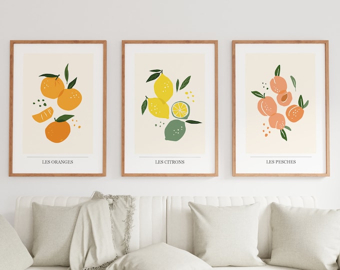 Marche aux Fruits Print Set of Three - French Food Poster - Kitchen Wall Art - Les Oranges - Les Citrons - Les Pesches - Orange - Peach