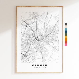 Impresión de mapa de Oldham - Póster de mapa de ciudad minimalista - Arte de pared con mapas - Reino Unido - Impresión de Oldham - Póster de Oldham - Diferentes colores disponibles