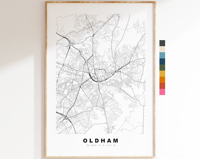 Oldham Map Print - Minimalist City Map Poster - Map Wall Art - UK - Oldham Print - Oldham Poster - Different Colours Available