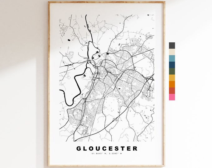 Gloucester Map Print - Minimalist City Map Poster - Map Wall Art - UK - Gloucester Print - Gloucester Poster - Different Colours Available