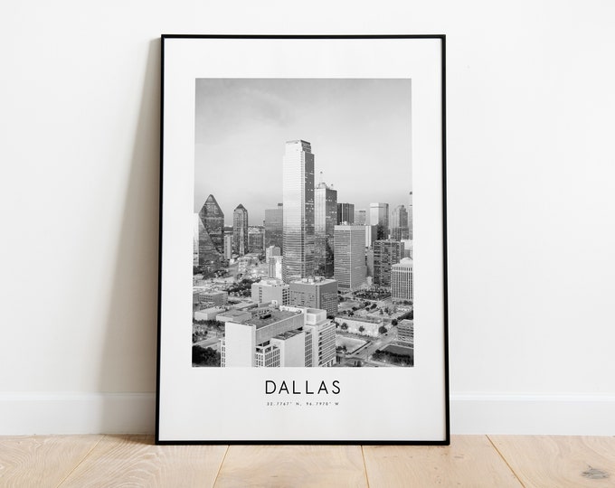 Dallas City Poster Print - Black and White Minimalist City Print - Coordinates - Dallas Poster - Dallas Art Print - Dallas Print - USA